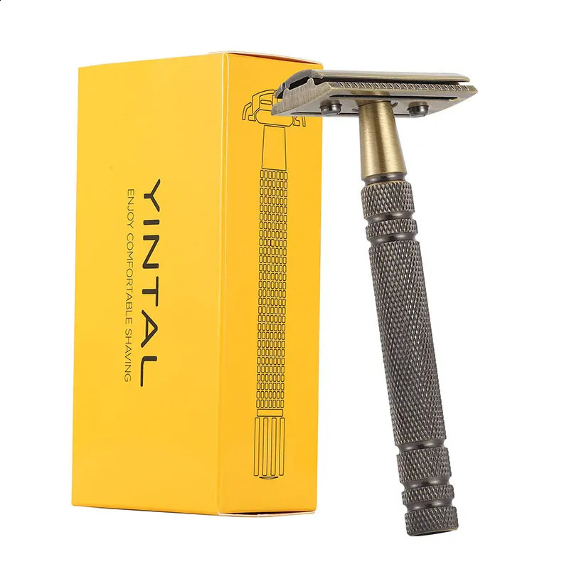 YINTAL Mens Bronze Classic Double-sided Manual Razor Long Handle Safety Razors Shaving Replaceable Classic Razors 241230