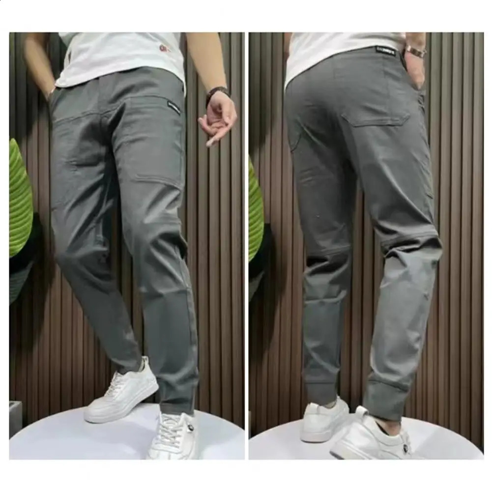Men Pants Multiple Pockets Letter Embroidery Trousers Cargo Solid Color Ice Silk Pencil Mens Clothing 241230Z