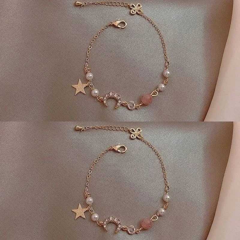 Korean Fashion Cute Star Moon Bracelet Womens Colorful Natural Stone Zircon Adjustable Pearl Chain Bracelet Wedding Jewelry W241231