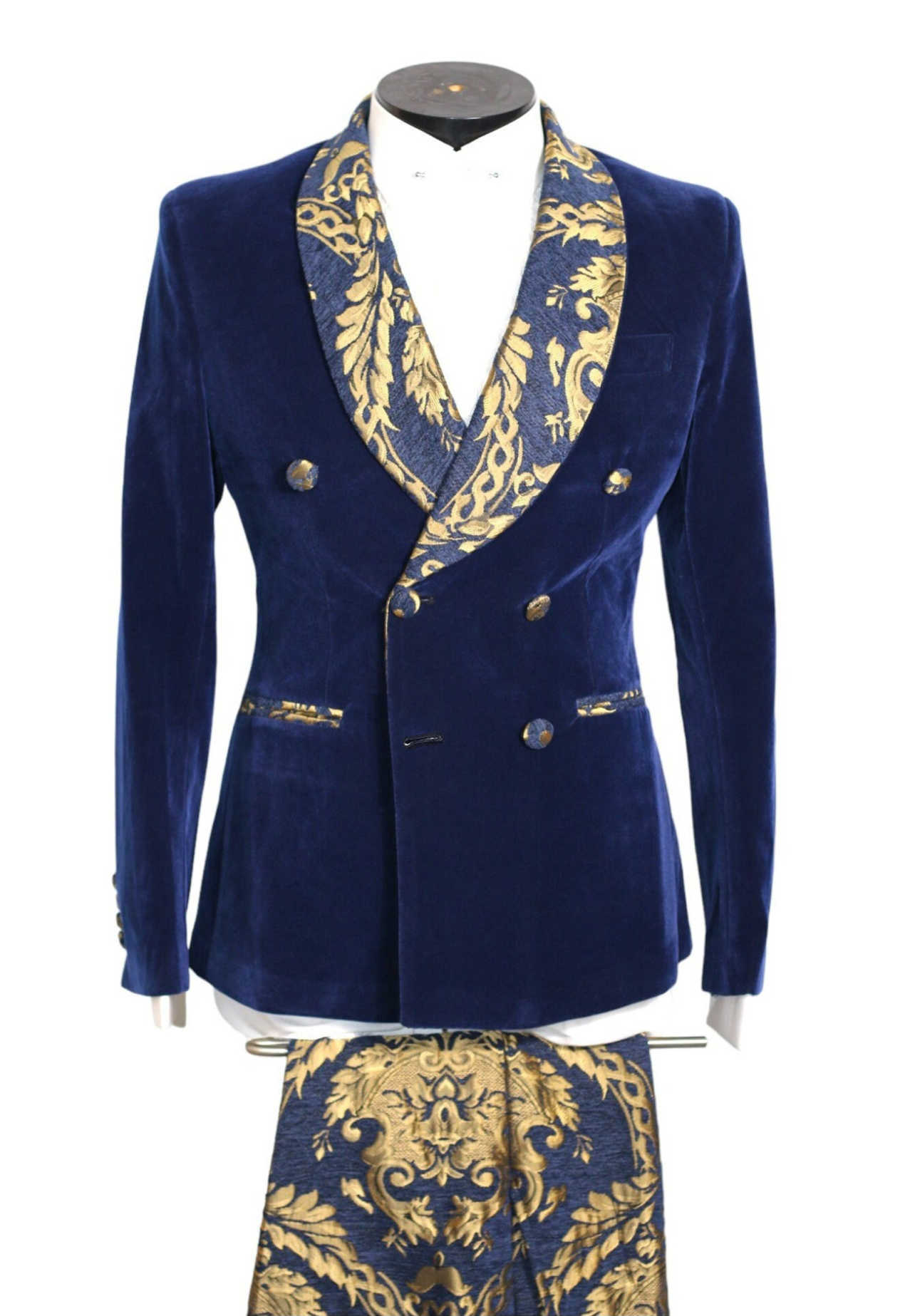 Unique Men Suits 2 Piece Set Jacket Pants Shawl Lapel Jacquard Velvet Wedding Tuxedos Double Breasted Wedding Party Event Groom Tuxedo suit Customized