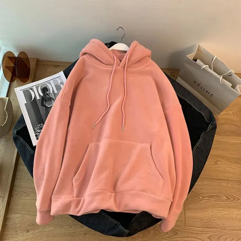 Autumn Korean Solid Hoodies Women Fashion Loose Pocket All Match Warm Pullover Tops Y2K Oversized Streetwear Casual Sweatshirts 241224
