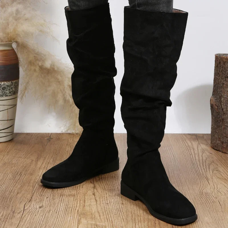 Autumn and Winter Fashion Sexy Solid Color Warm Round Toe Thick Bottom Low Heel Comfortable Womens Boots Black Botas Mujer 241231