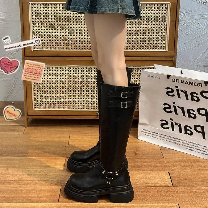 Denim Boots for Women Motorcycle Boots Retro Brown Belt Buckle Round Head High Women Boots Ladies Platform Boot Shoes for Women 241231