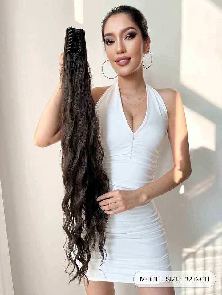 Ponytail long natural wavy 32 inch heat-resistant fiber synthetic hair suitable for daily use at womens parties W241230