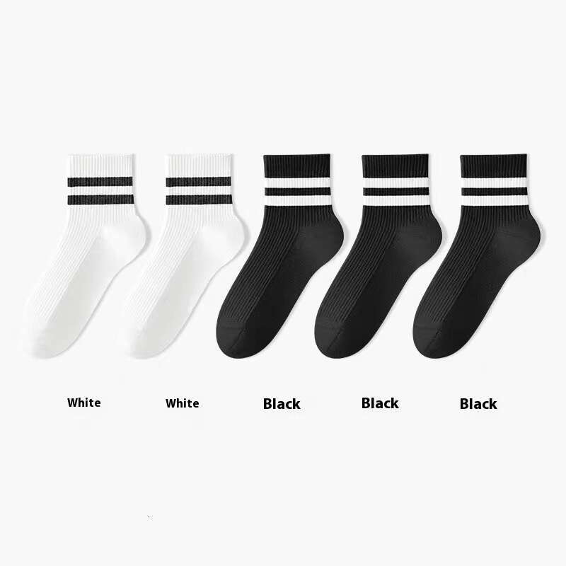 Socks For Children In Summer, Thin Polyester Cotton, Black And Vertical Two Bars, Tube, White Stripes, Paired With Shark Pants, Middle Tube Socks