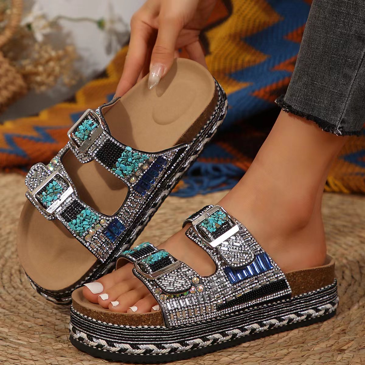 2025 summer new retro fashion thick NEW sole double buckle dia-like slippers for women every beach big size 36-43 women's shoes