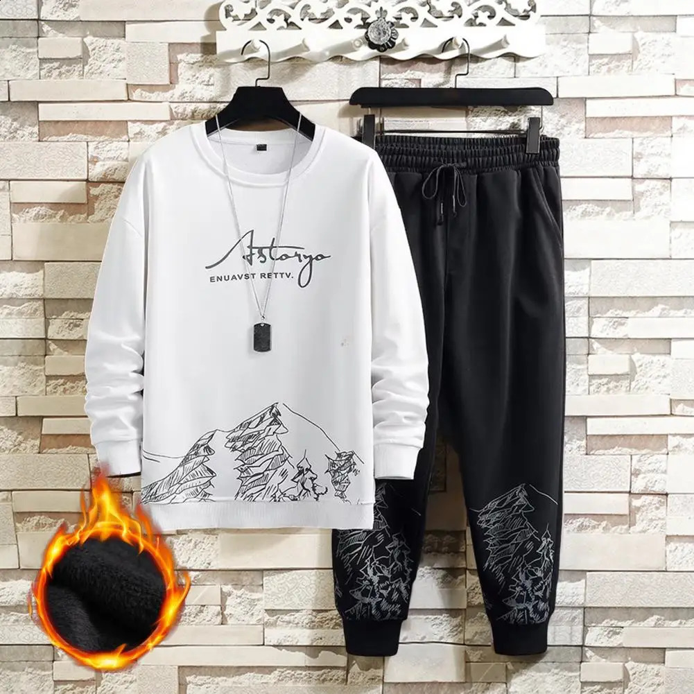 1 Set Men Tracksuit Plush Skin-touch Keep Warm Ribbed Cuff Sweatshirt Lace-up Sweatpants Men Sweatsuit Set Men Clothing 241224
