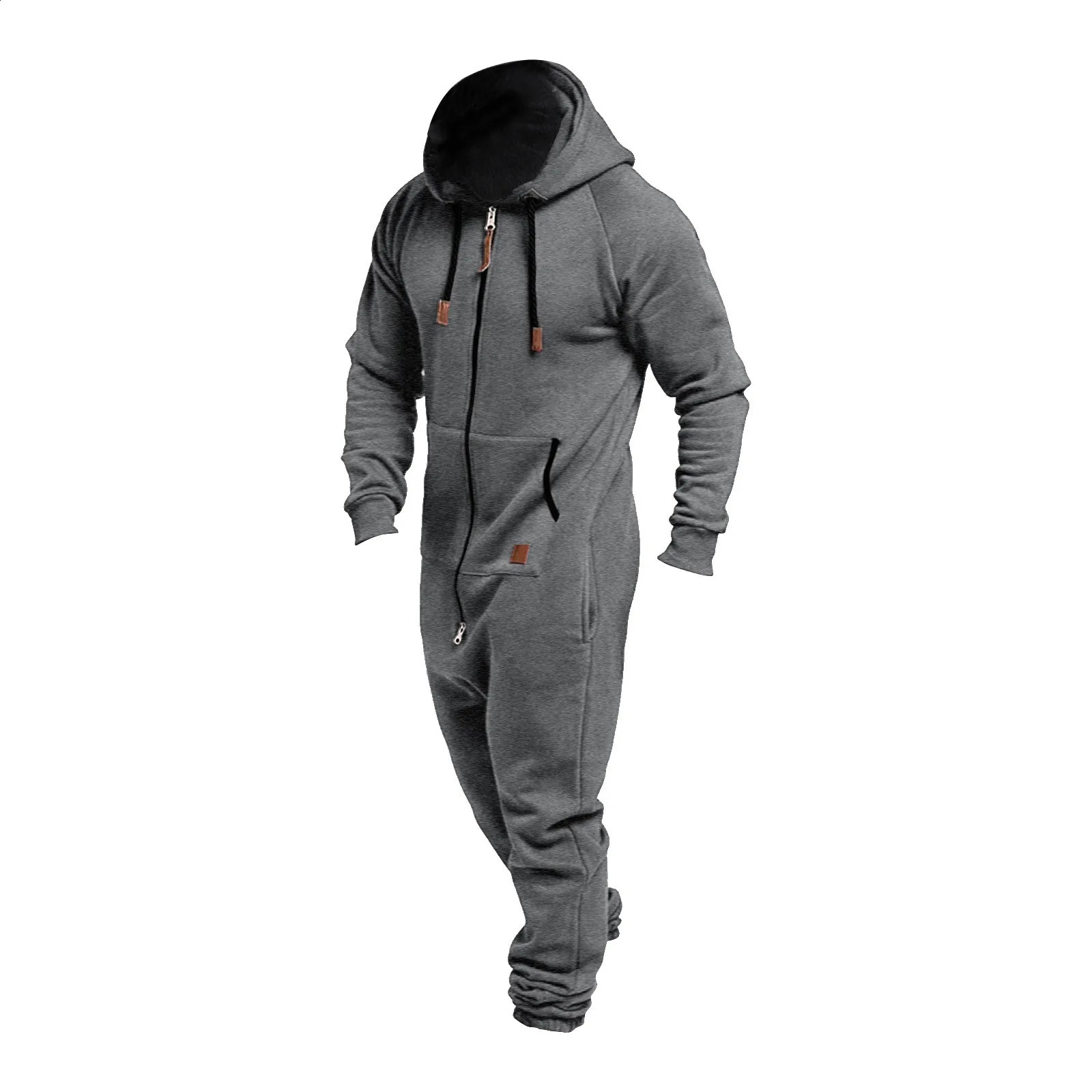 Mens Hooded Jumpsuit 2024 Warm Long Sleeve Zipper Hoodies Tracksuit Plus Size Loose Casual Sportwear Romper Male Suit 241223