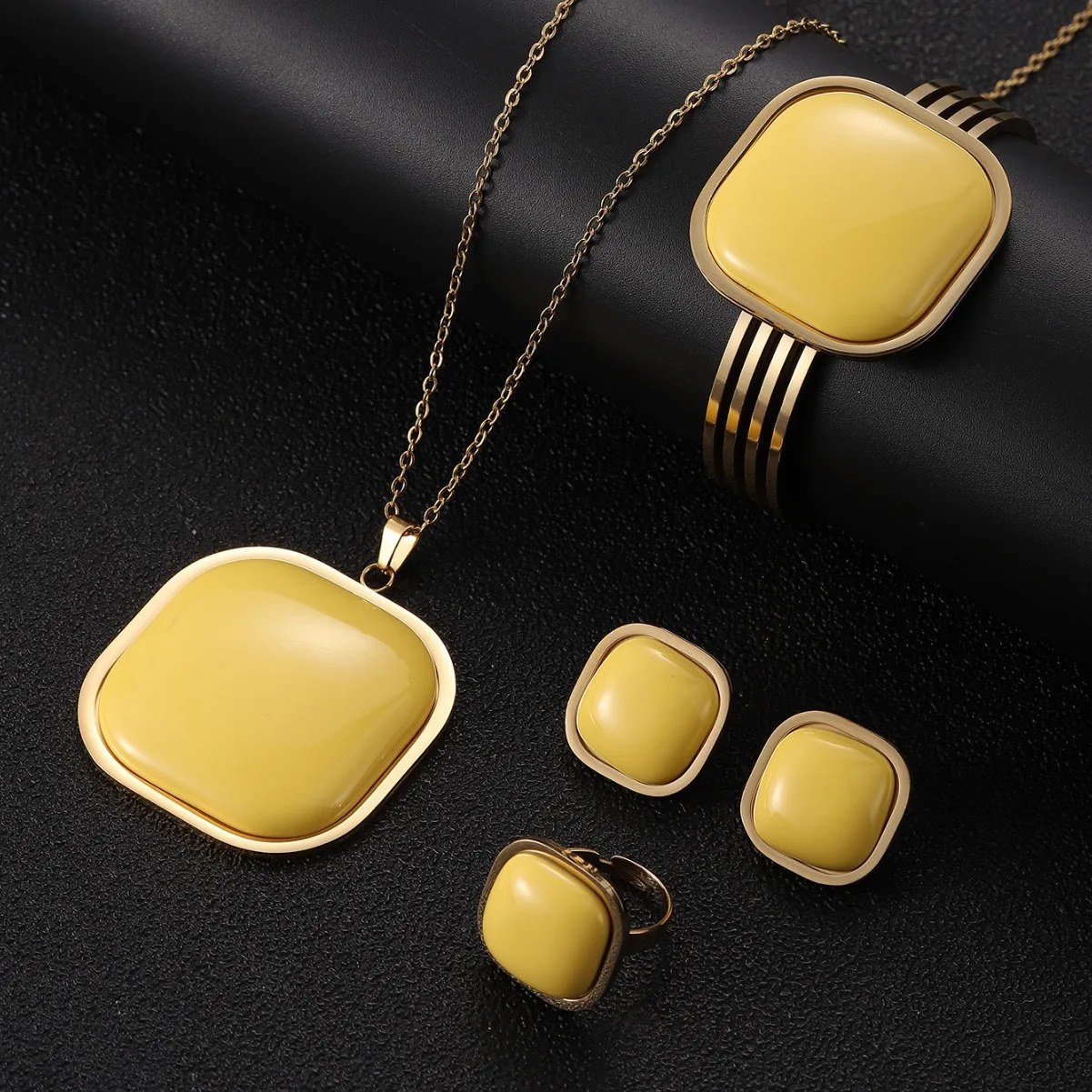 ESALE Fashion and exaggerated steel square pendant necklace bracelet earring ring womens jewelry set 241226