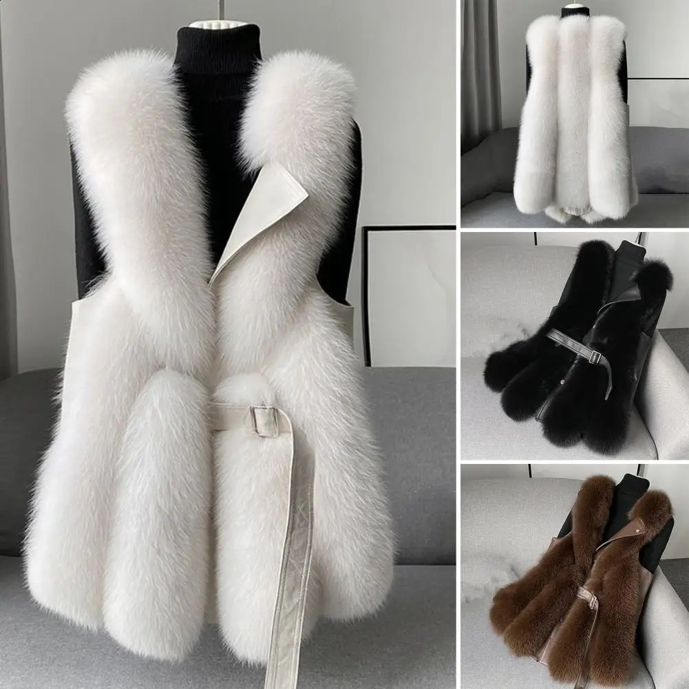 Winter Thick Fluffy Faux Fur Women Vest Coat Button Belt Patchwork Windproof Leather Sleeveless Waistcoat 241223