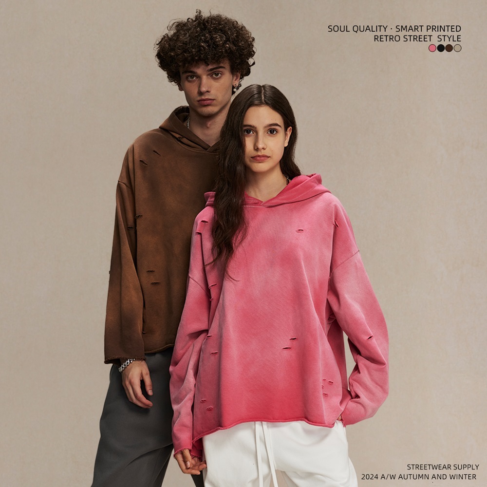 Newaw Irregular Holes Make Old Washed Spray Dye Hoodie Streetwear