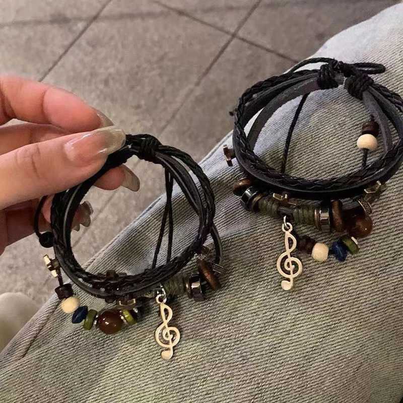 Handmade hippie design brown leather bracelet womens metal star note charm wood button bead Wr unisex adjustable bracelet W241231