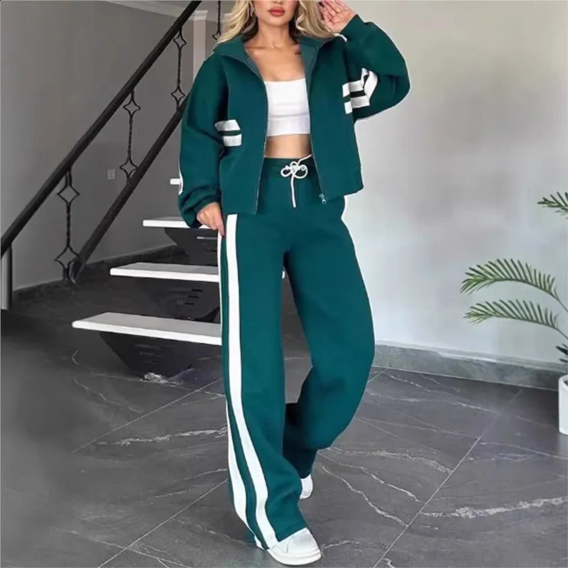 Y2K Two Piece Set Women Fashion Striped Print Lapel Zipper Coat High Waist Pants Outfit Autumn Winter Long Sleeve Suit Tracksuit 241224