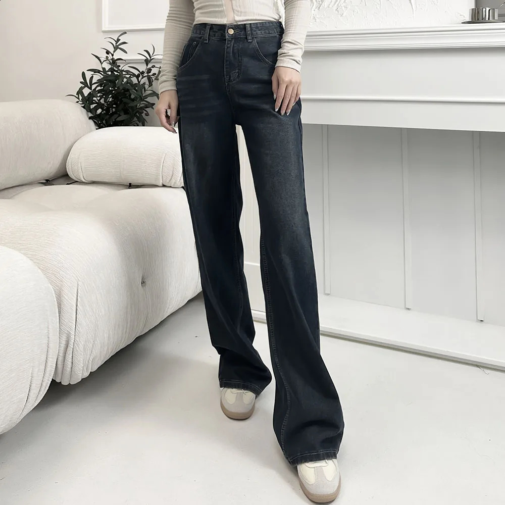 Retro Wide Legged Denim Pants For Female Autumn Winter Fleece lined Thicken Slim Fit Loose High Waist Straight Jeans Women y241227