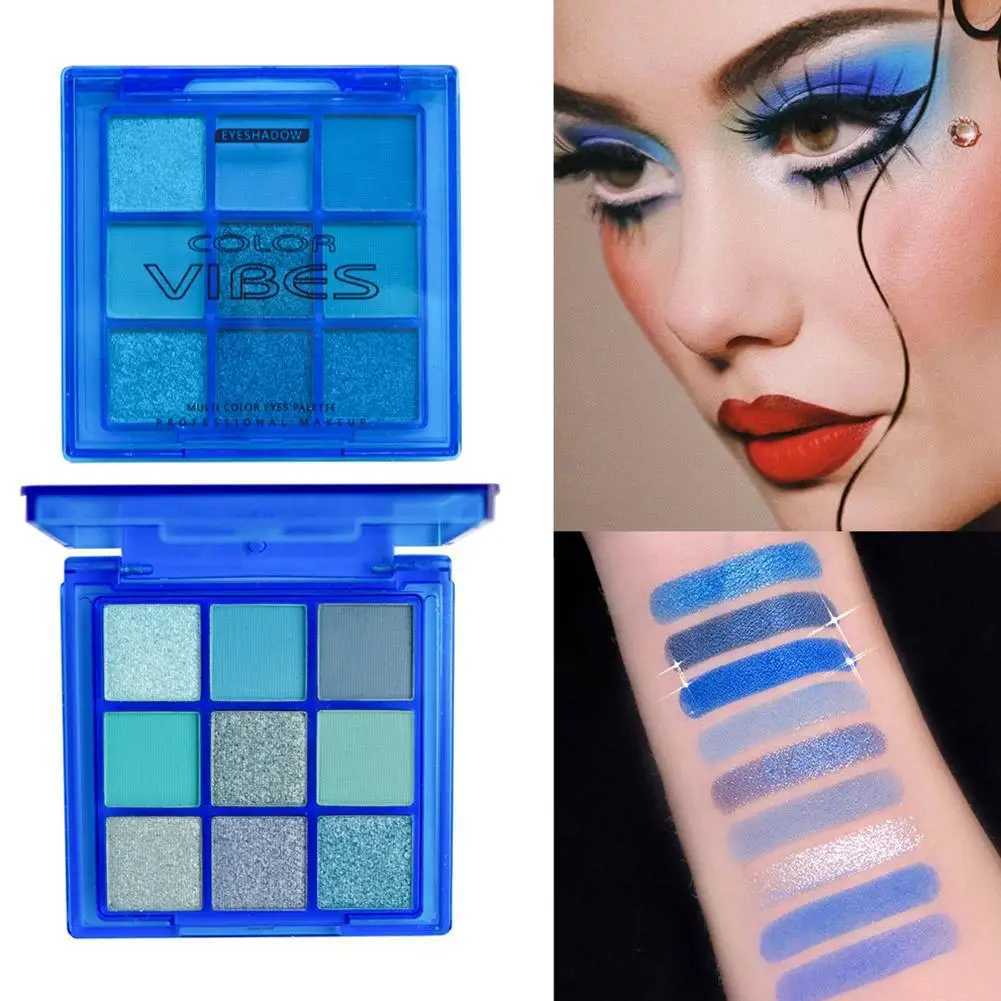 Blue 9-color eye shadow board Highlighters durable shiny eye shadow makeup anti sweat natural matte pearl eye shadow W241230