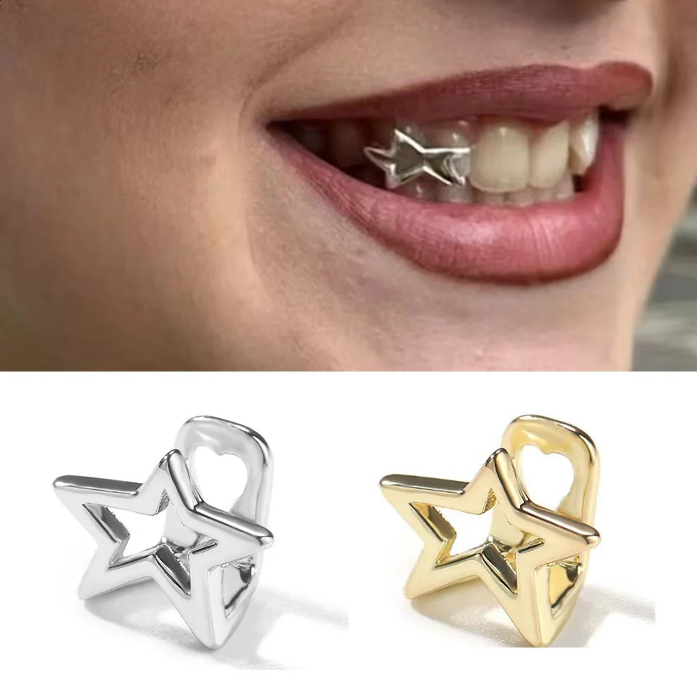 YOUNGX Punk Y2K Hollow Star Teeth Hip Hop Gold Silver Color Pentagrams Tooth Caps For Women Men Jewelry Party Gift 241225