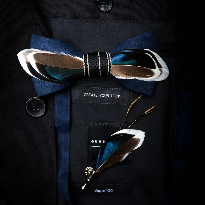 JEMYGINS Original Natural Brid Feather Exquisite Hand Made Bow Tie Brooch Pin Gift Box Set For Men Wedding Party Bowtie 241230