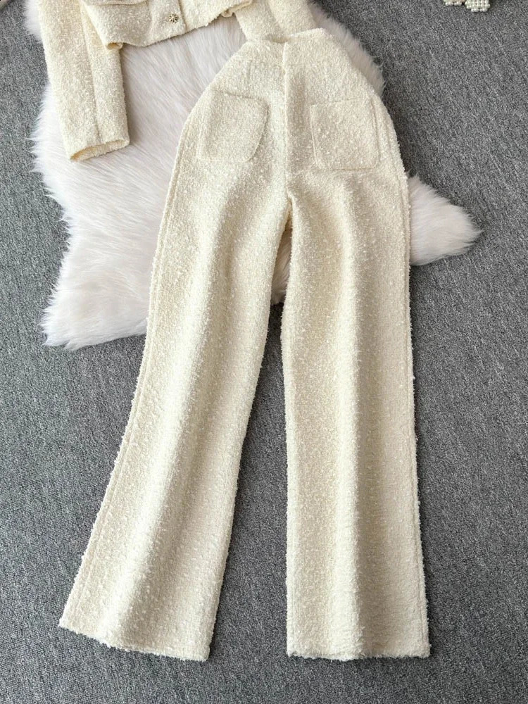 French Elegant Socialite Tweed Suit Lapel Single-breasted Long Sleeve Top High Waist Straight Slim Trousers Two Piece Sets Women 241230