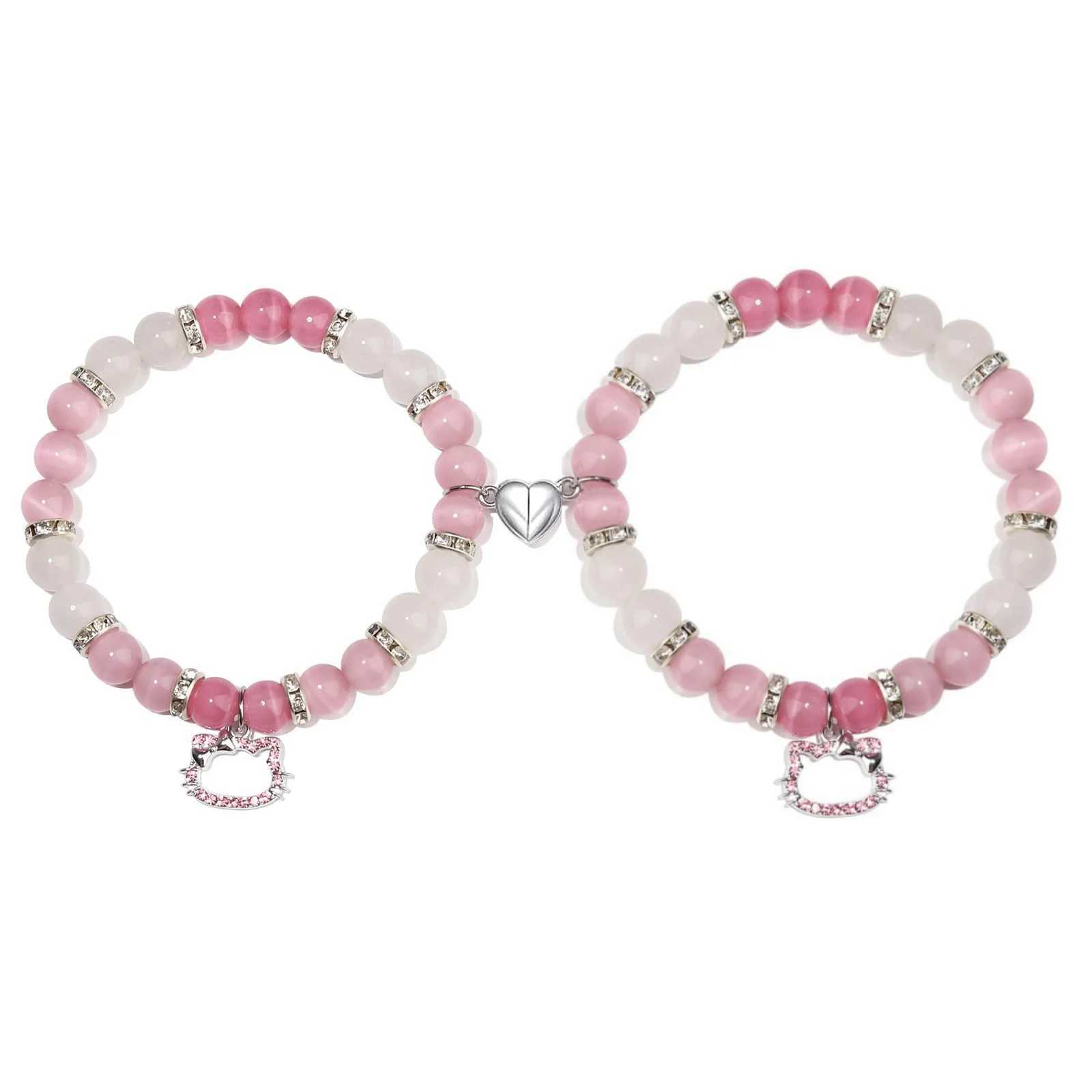 2 pieces/set of pink Hello Cat bead bracelets suitable for womens heart magnetic matching couple bracelets girls holiday jewelry gifts W241231