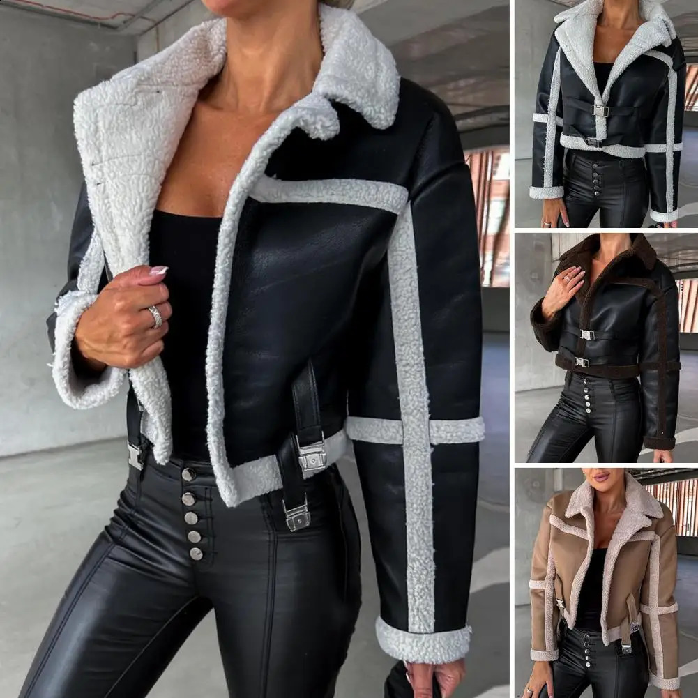 Women Fur Allinone Casual Jacket Vintage Motorcycle Outerwear Womens Faux Leather with Plush for Indoor Autumn 241223