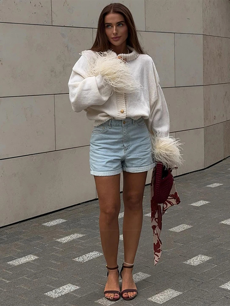 Patchwork Feather Cuffs O-neck Sweaters Women Elegant Solid Single Breasted Cardigan Lady Fashion Chic Loose Streetwear Tops 241230
