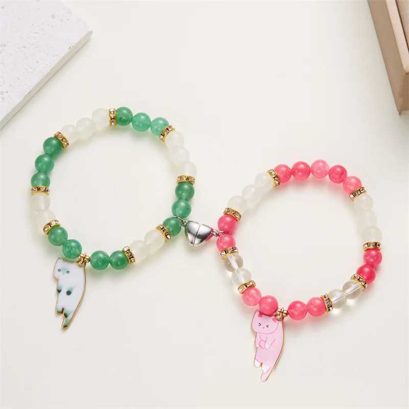 New Cute Cat Pendant Bracelet for Men 2PCS Fashion Beaded Heart Matching Bracelet Unique Couple Jewelry W241231