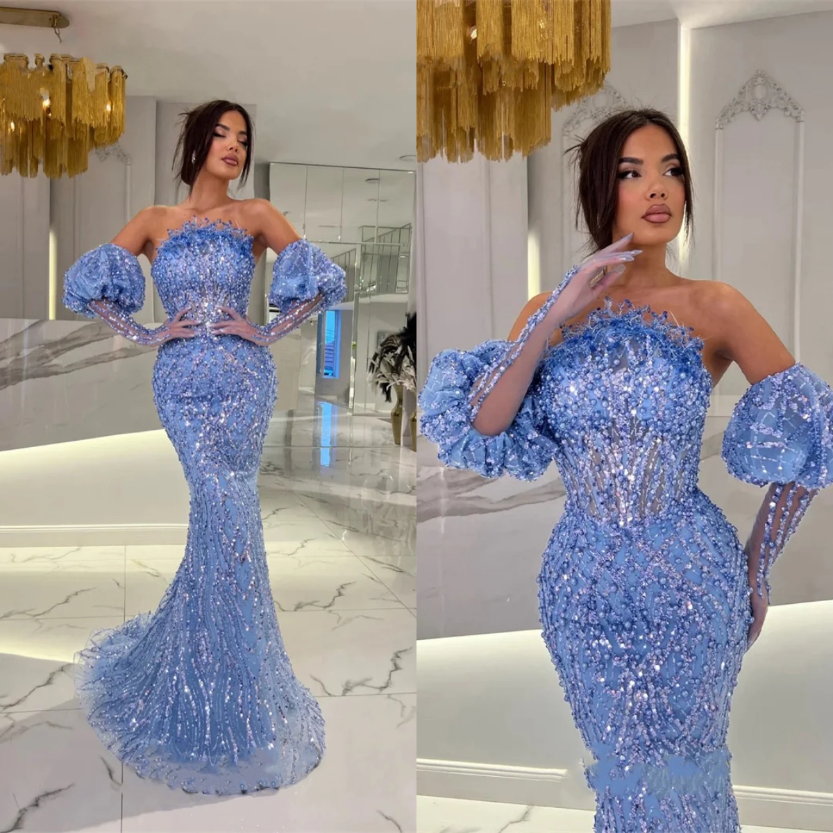 Strapless Sequined Evening Gown with Removable Sleeves - Sweep Train, Customizable, 2024 Party Dress