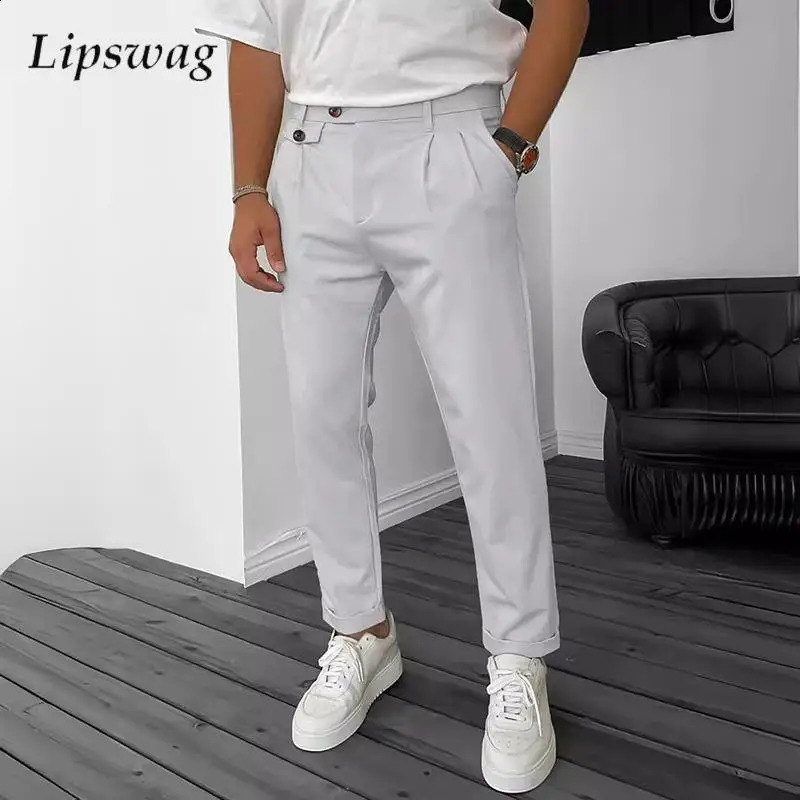 Fashion Buttoned n Pencil Pants Mens Spring Summer Casual Solid Color Straight Trousers For Men Vintage Pleated 241230Z