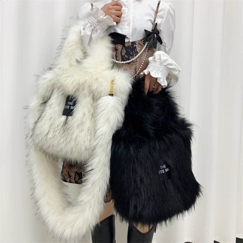 Faux Fur Tote Bag for Women Handbags Autumn Winter Plush Shoulder Crossbody Bags Shopper Purses Y2K 241231