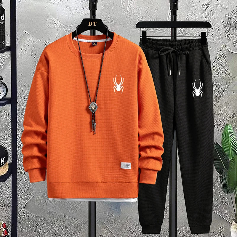 Mens Waffle Suit Sets Casual Long Sleeved Sweatshirt and Pants for Sports Mens T-shirt Hoodie Casual Trousers Set Loose Fit 241224