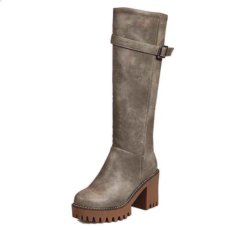 Sgesvier Retro women boots lace up buckle lace up knee high boots round toe platform winter boots ladies shoes size 43 241231