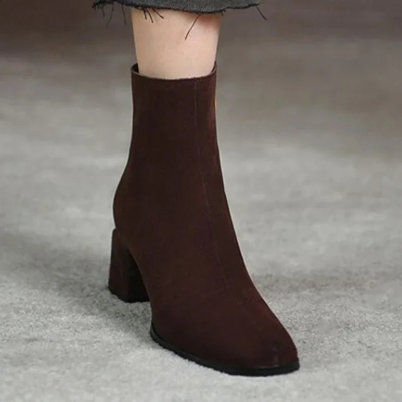 Genuine Leather Boots Retro High Heels Ankle Boots Women Shoes Back Zipper Sheep Suede Handmade Shoes Boots Women 241231