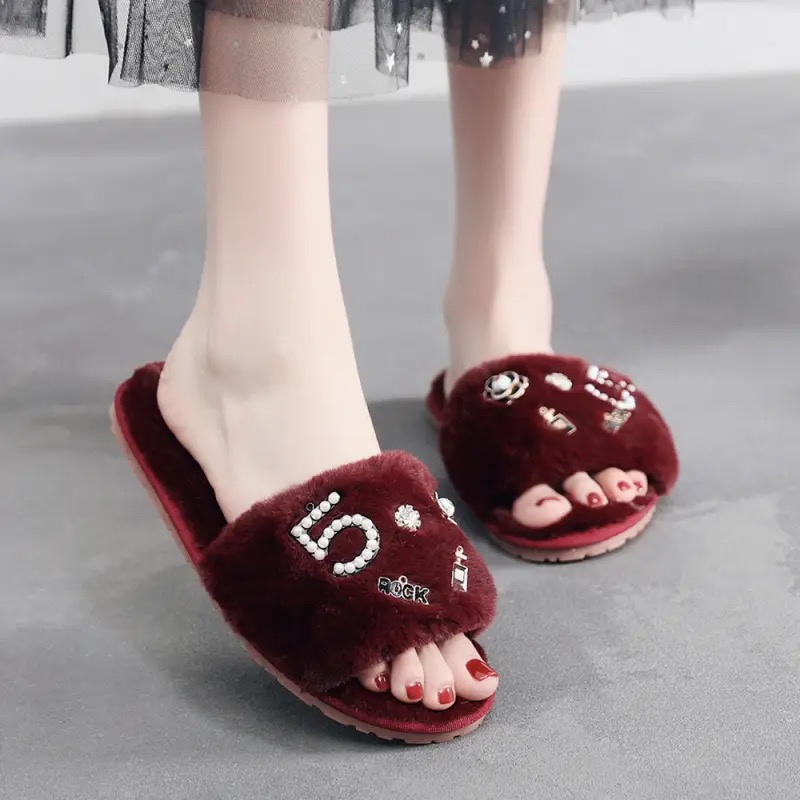 wer perfume slippers plush flip ps camellia pearl beading fur sandals women pantufas cozy home slides XXX