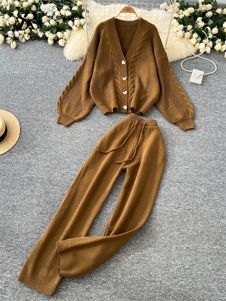 Winter Knit Warm Two Pieces Suits Women Loose Twist Drill Cardigan+Drawstring Wide Legs Long Pants Sweater Sets