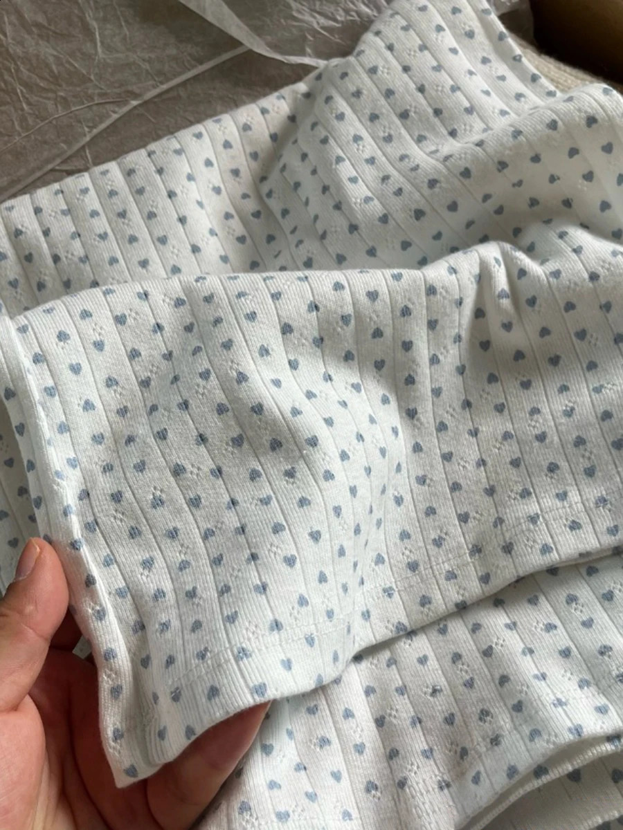 Blue Heart Eyelet Vest Pants Sets Summer Bow Slim CamisHigh Waist Straight Trousers Women Cotton Sweet Home Pajama 2 Piece Sets 241230