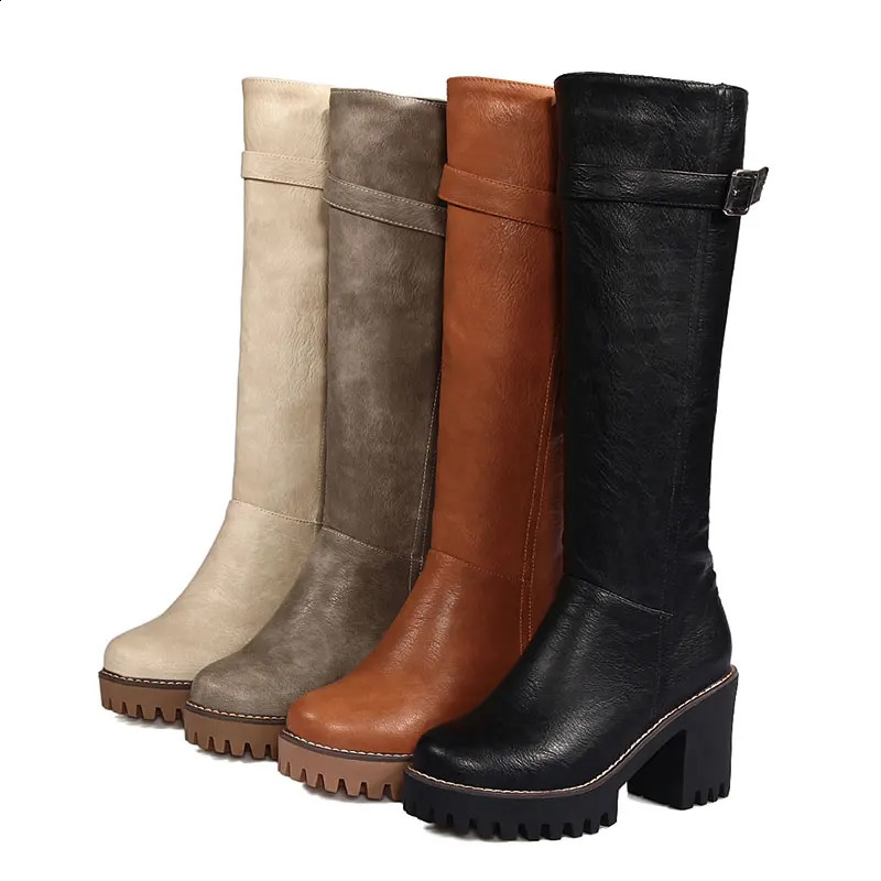 Sgesvier Retro women boots lace up buckle lace up knee high boots round toe platform winter boots ladies shoes size 43 241231