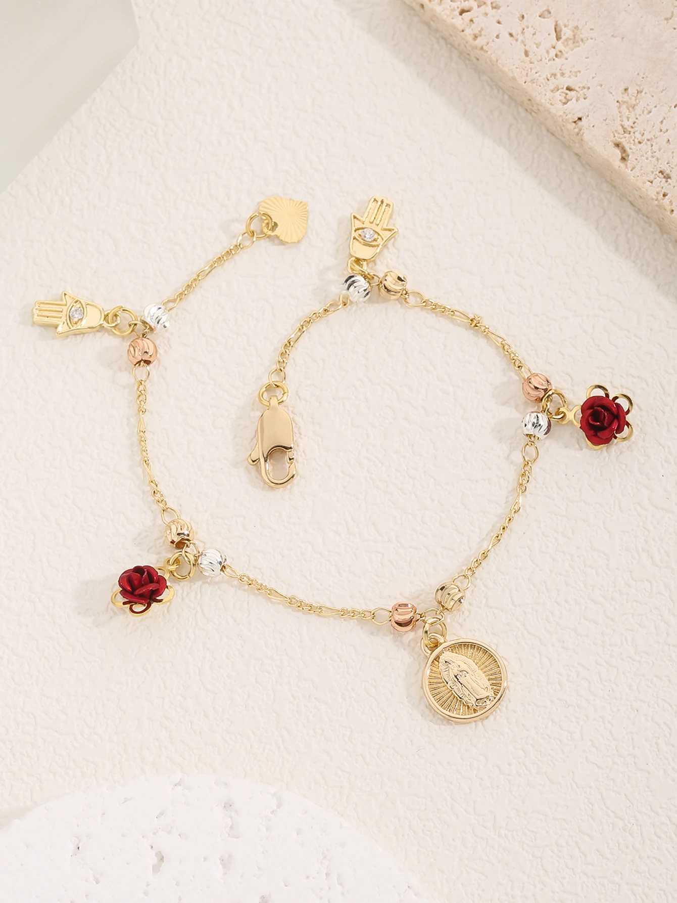 FanSibao Rose Madonna Pendant Watermelon Pattern Prayer Bead Bracelet Exquisite Jewelry Christmas Gift W241231