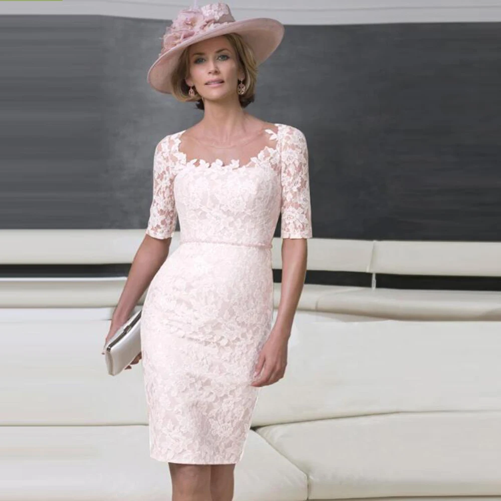 Elegant Blush Pink Sheath Mother Of The Bride Dresses 2025 Short Lace Wedding Guest Dress With Jacket Half Sleeves Formal Party Gown For Women