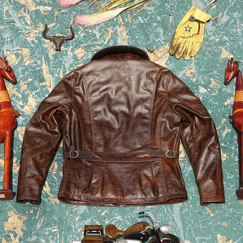 CC Shop .Retro Brown navy thick winter warm leather outwear.Men vintage tanned cowhide jacket.plus size thick leather coat 241230