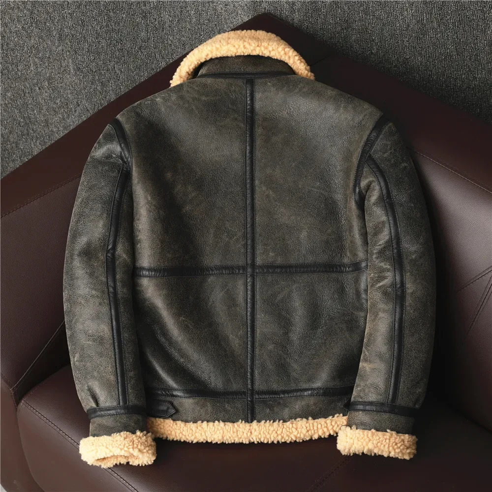 B3 Male Coats Vintage Brown Biker Man Clothing Mens Sheepskin Genuine Leather Jacket Winter Warm Shearling Wool Fur Coat 241230
