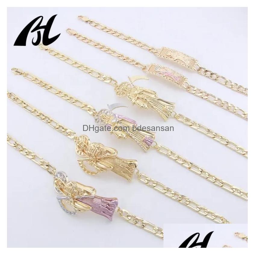 Chains Men Pulseras Oro Laminado 14K 18K 23cm Gold Plated Religious Jewelry Holy Death Santa Muerte Bracelet Charms Wholesale Drop Delive Dhrqk