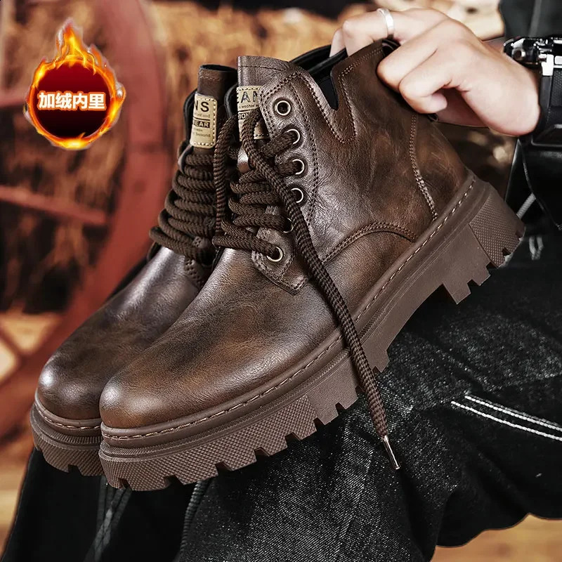 Mens Boots Low-top Motorcycle Boot Casual Leather Work Shoes Men Short Velvet Warm Non-slip Waterproof Trendy Mens Shoe 241231