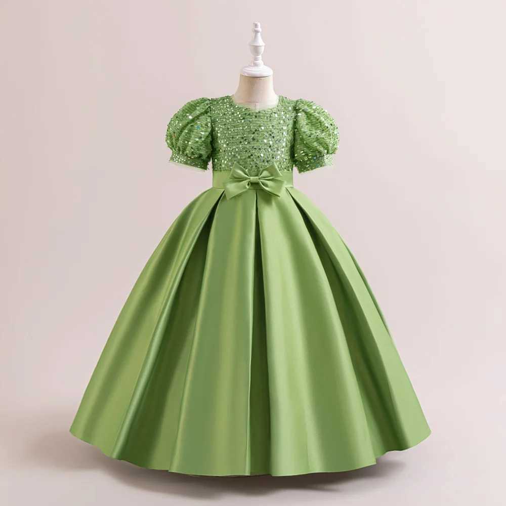 Sparkling Elegant Childrens Par Dress Girls Green Christmas Wedding Dress Bow Girls Evening Dress 4-14Y W241231