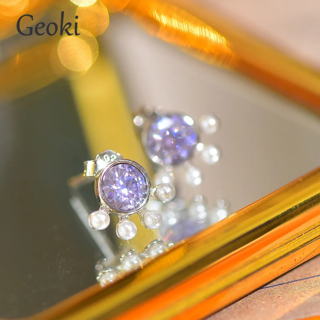 Silver 925 Original Total 1 Carat Round Brilliant Cut Diamond Test Past Purple Pearl Stud Earrings Gemstone Jewelry 241226