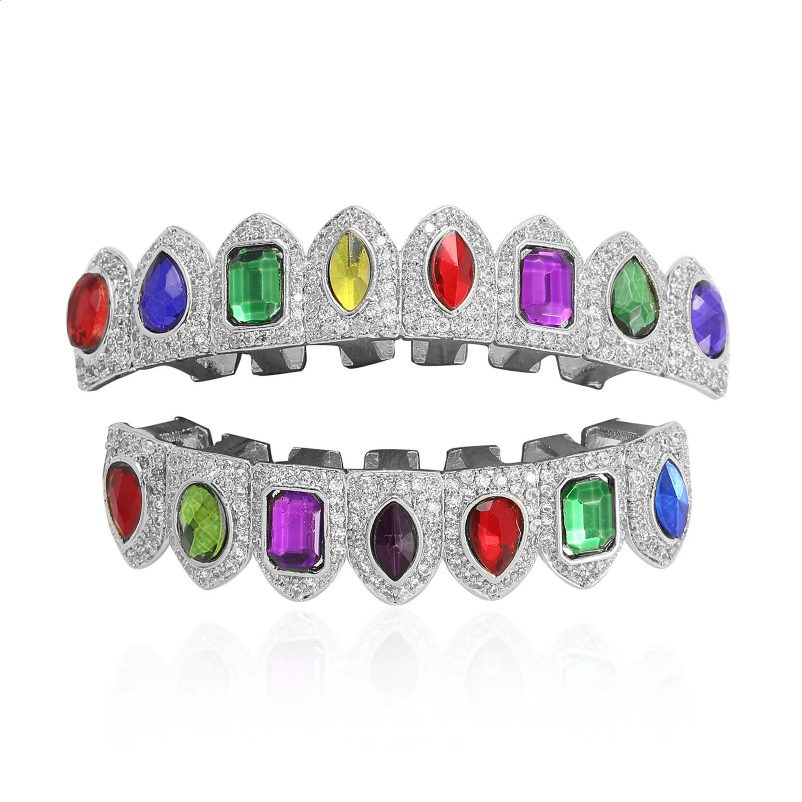 Full CZ Multi-color Stones Teeth Caps Cubic Zircon Iced Out Micro Pave Top Bottom Charm Grills Set For Men Women Jewelry 241226