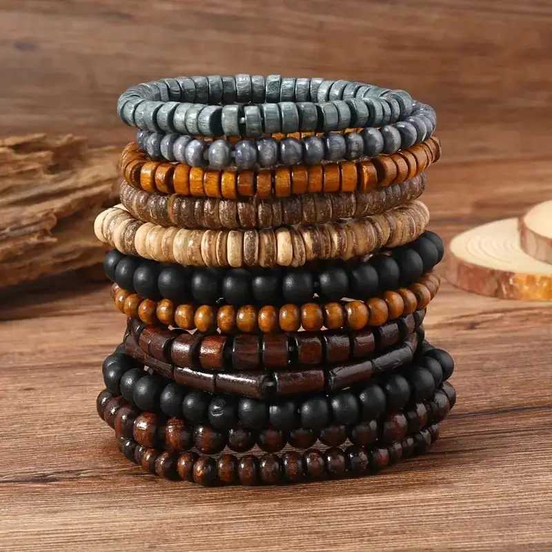 24 pieces/set mens retro Tren multi-layer bracelet set Versatile Elastic Thread wooden bead bracelet W241231