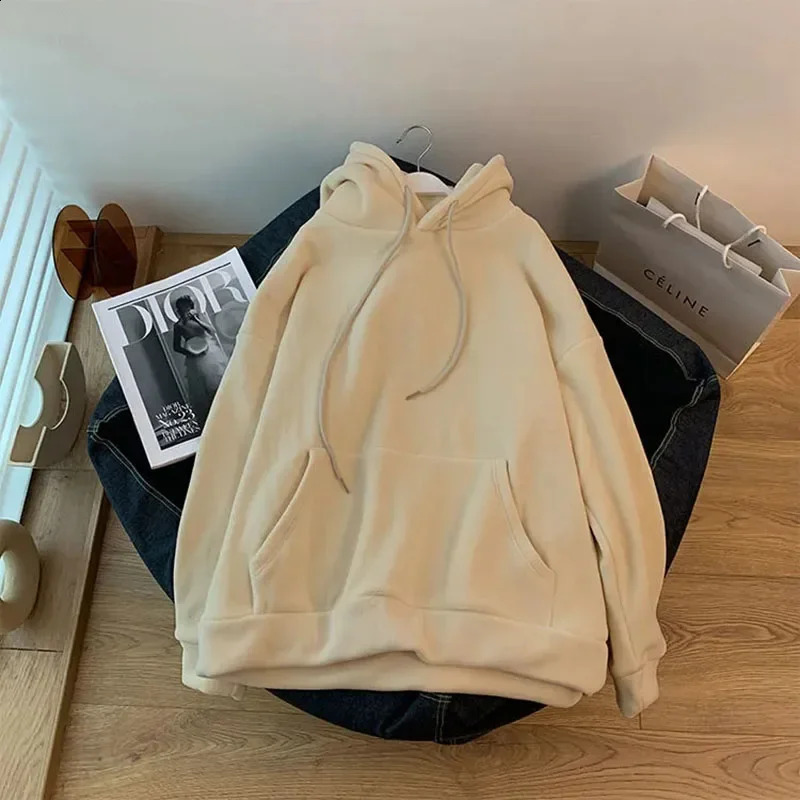 Autumn Korean Solid Hoodies Women Fashion Loose Pocket All Match Warm Pullover Tops Y2K Oversized Streetwear Casual Sweatshirts 241224