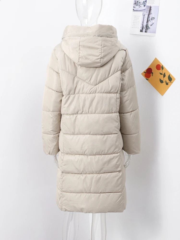 Fashion Medium Long Padded Coat Women Casual Hoodies Zipper Pockets Sleeve Female Down Jacket 2024 Winter Lady Outerwears 241220