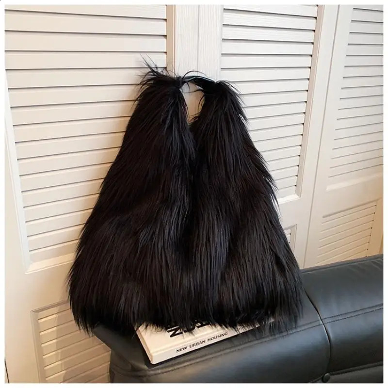 Wool Womens Winter Warm Plush Crossbody Shoulder Bags Y2k Girls Faux Fur Bucket Bag Fashion Female Furry Purse Tote Handbags 241231