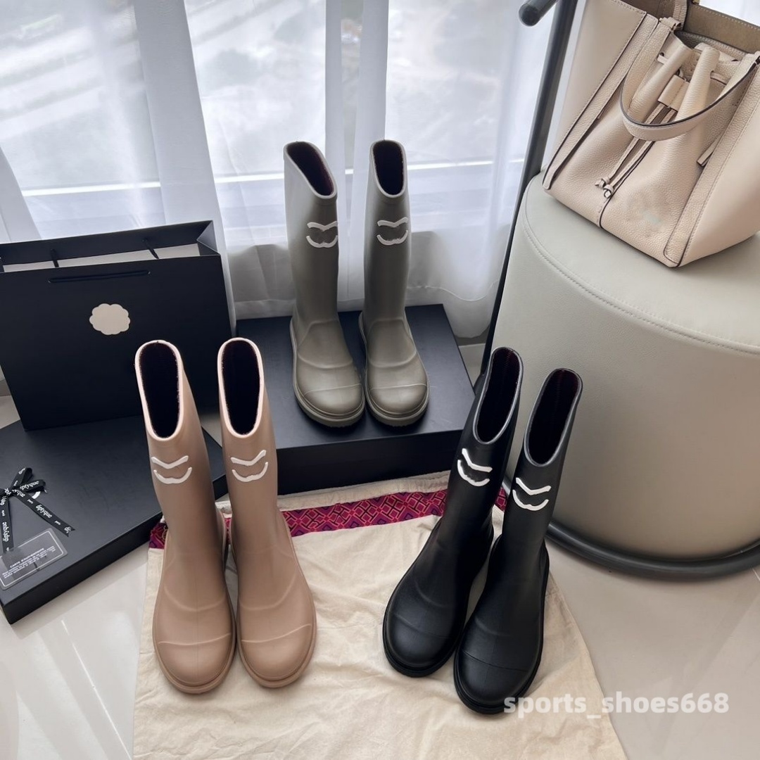 Designer brand square toe women rain boots Waterproof knee-high Wellies thick heel thicks sole ankle over the rubber rainboots yellow bright black cc shoes